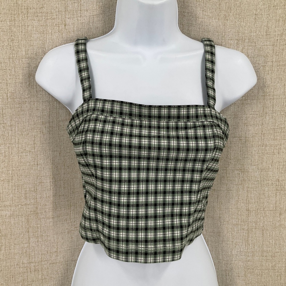 Hollister Plaid Crop Top Womens Small Green Viscose Stretch Cami Square Neck New